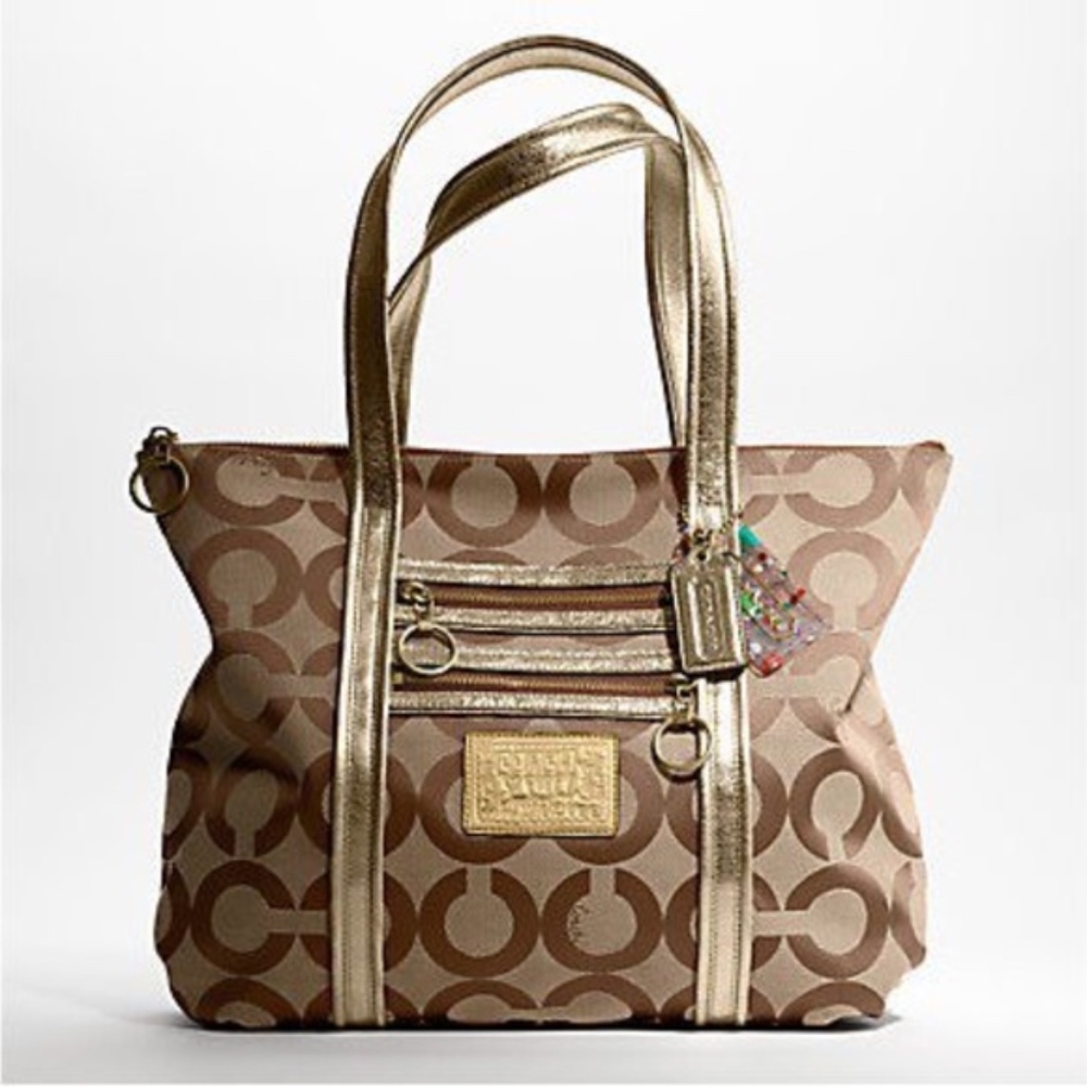 Coach Poppy Op Art Glam Tote in the Khaki/Gold