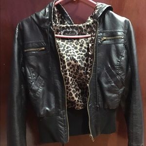 Leather hooded jacket