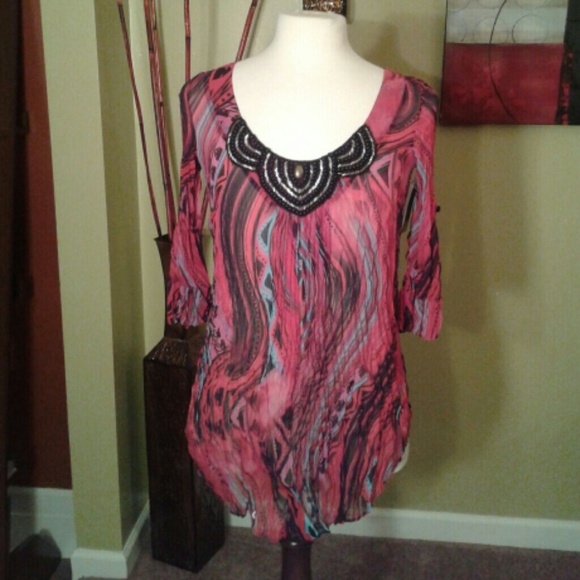 Fuchsia Multi Colored With Beaded Neckline