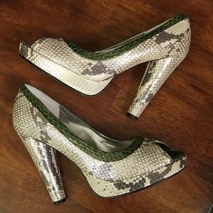 Beverly Feldman metallic snake print heels 6.5M