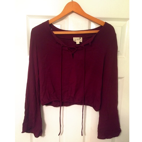 Wine Lace Up Top w/ Bell Sleeves