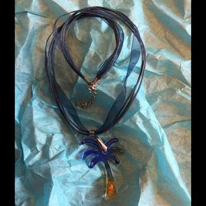 Palm Tree Glass and Ribbon Necklace
