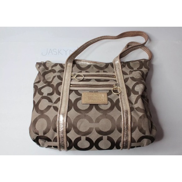 Coach Poppy Op Art Glam Tote in the Khaki/Gold - Picture 7 of 8