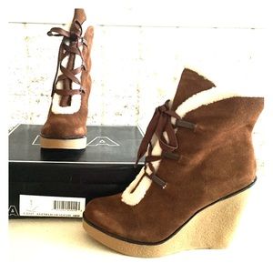 MIA Brown Suede Faux Shearling Wedge Booties 10