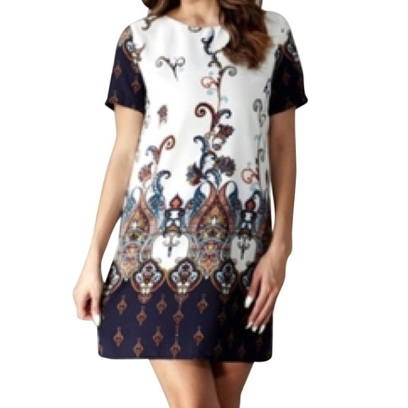 Border Print Blue White Print Shift Dress NWOT - Picture 6 of 6