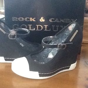 Rock&Candy Black/White Pin-Up Sneaker Wedge Sz 8.5