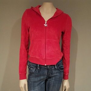 PINK Red Velour Zip Up Hooded Sweatshirt