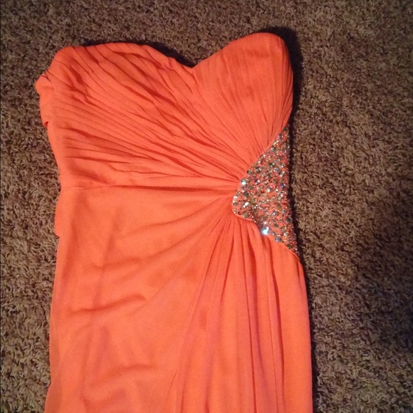 Coral colored strapless long dress