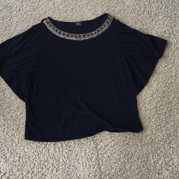Zara Navy blue beaded boat neck top, worn 1 x