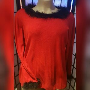 WOMANS SWEATER~SEXY RED~BLACK FEATHERS ACCENTS~2X~