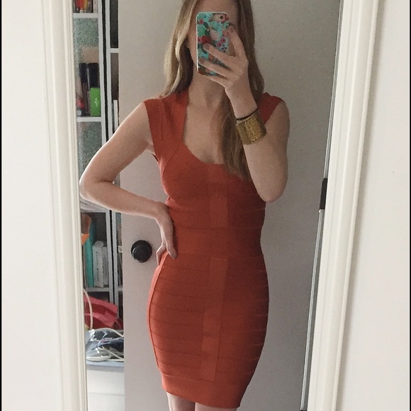 burnt orange bandage dress