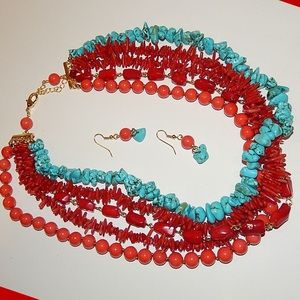Chunky Coral & Turquoise Beaded Chocker Set