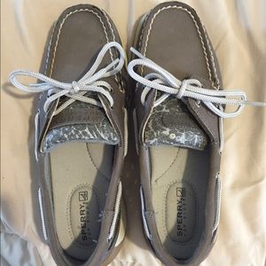 Grey Sperry's with floral and sequins on the side
