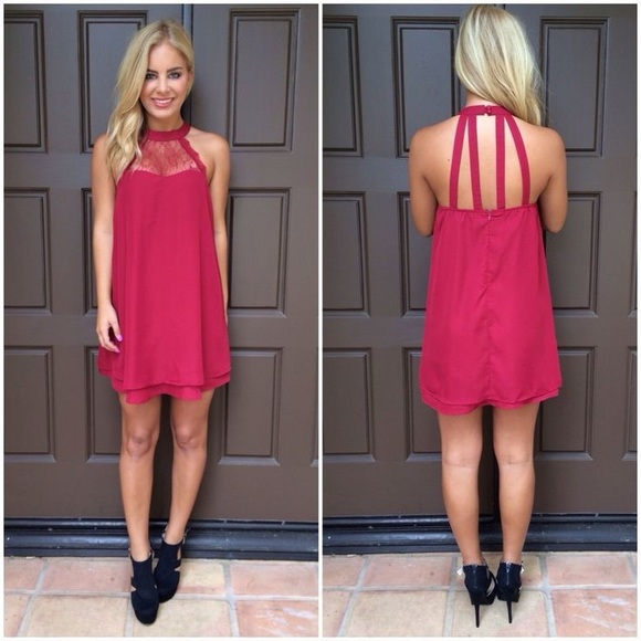 Dresses & Skirts - Burgundy Lace Cage Halter Dress
