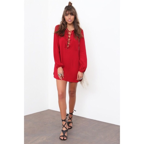 ✖️SOLD✖️Red Wine Lace Up Long Sleeve Shift Dress - Picture 2 of 4