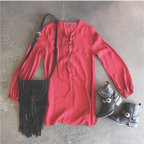 ✖️SOLD✖️Red Wine Lace Up Long Sleeve Shift Dress - Picture 4 of 4