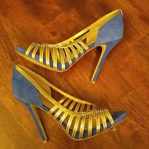 Ivanka Trump Blue Suede and gold heels Size 6.5