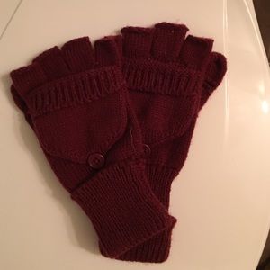Burgundy mittens.