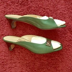 Green original Ferragamo Italian leather mules