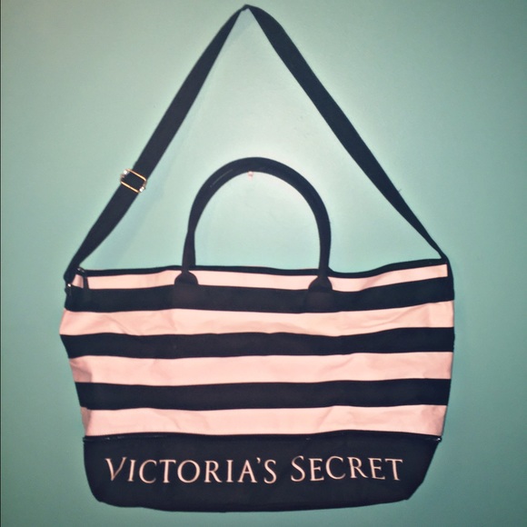 Pink and Black Striped Victoria Secret Tote Bag