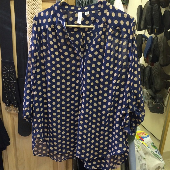 Navy Blue - Cream Polka Dot Blouse / Plus Size 2X