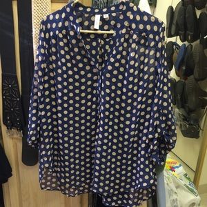 Navy Blue - Cream Polka Dot Blouse / Plus Size 2X