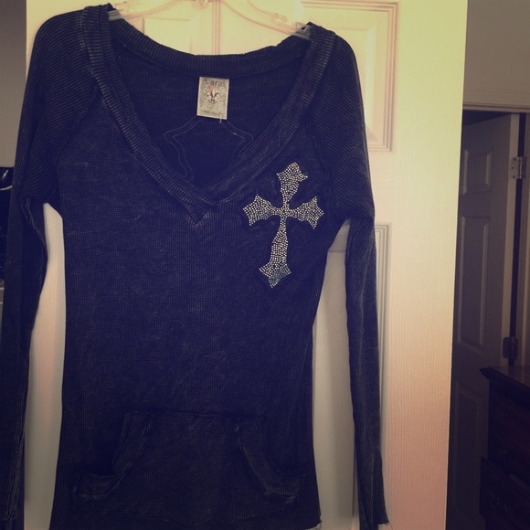 Distressed Top with Rhinestone Cross