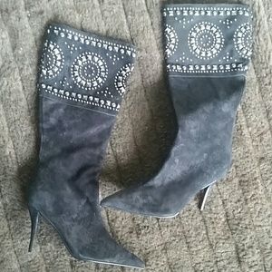 Studded Knee High Suede Leather Boots 4" Heel Sz 9
