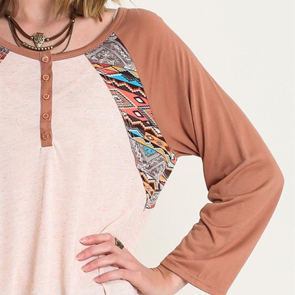 Tribal Ethnic Print Baseball Tee / Top - Picture 3 of 4