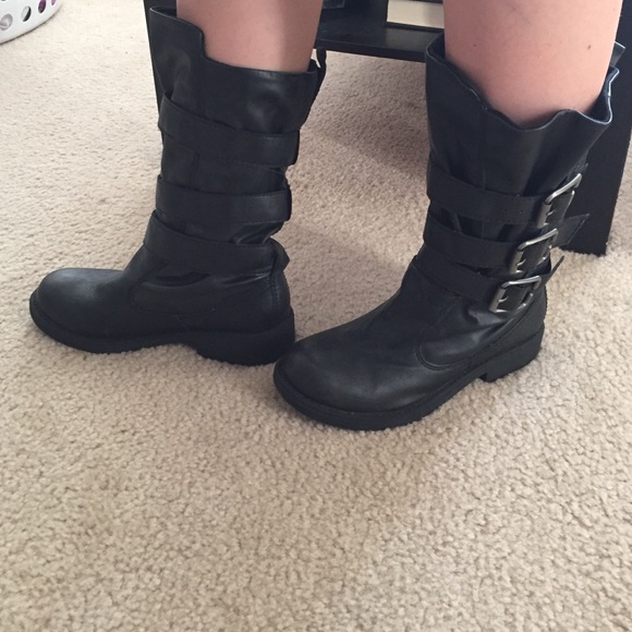 Black belted mid calf boots