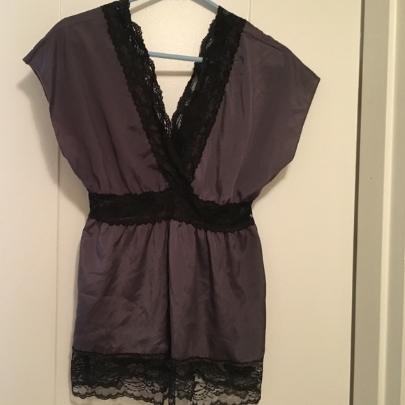 Dark gray with black trim lace v-neck silk blouse