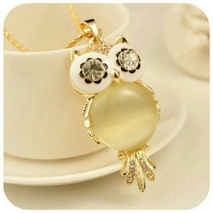 SOLD Large opal owl necklace with rhinestones