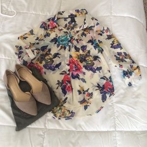 Ivory/Floral print blouse, size S