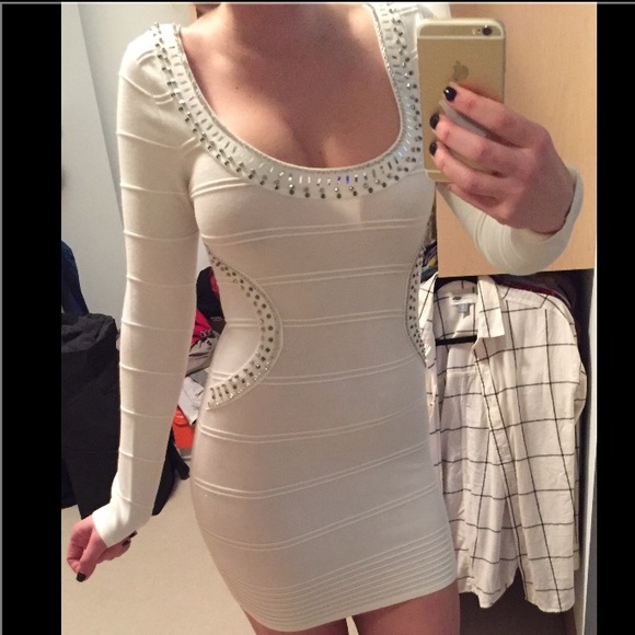 NEW white embellished long sleeve sweater dress S