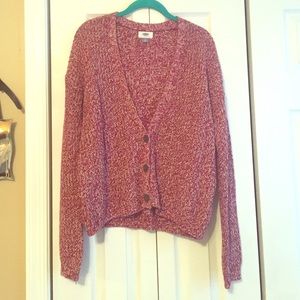 Red and white half button sweater