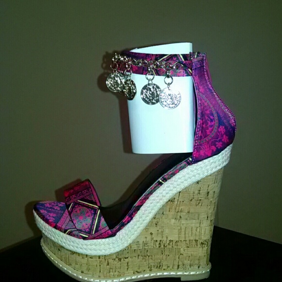 Scene Shoes - Exotic Cork heeled Sandals with gold medallions