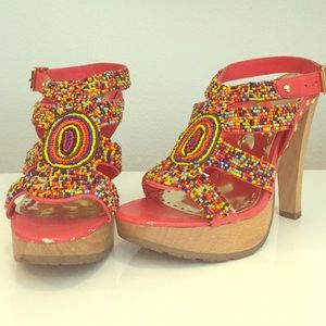 BCBG coral beaded sandal platform heels