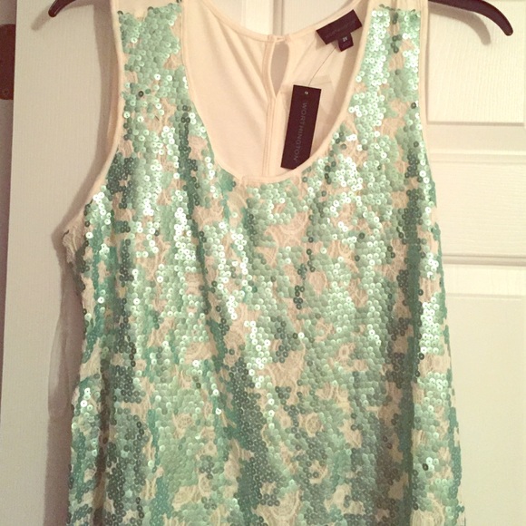 White lace with teal sequin tank top