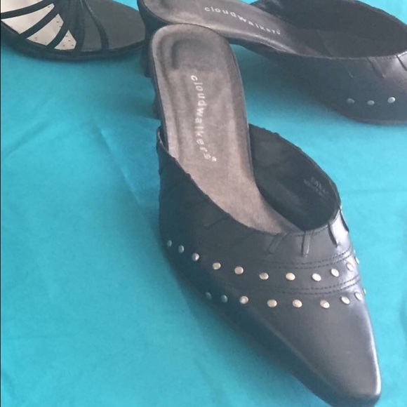 Black, slip on heel with silver accents.