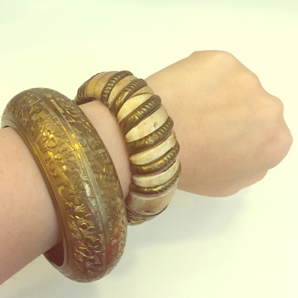 Wood, Brass & Ivory Vintage Tribal Bangle Bracelet