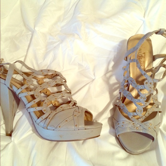 Gray gold studded strappy heels