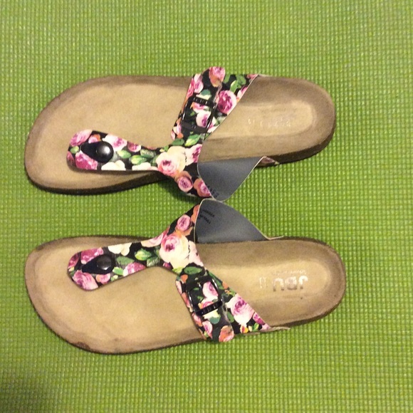 JBU sandals purple, black and green floral print.
