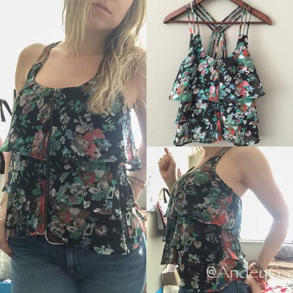 Material Girl floral summer zip ruffle tank top XS - Picture 3 of 4