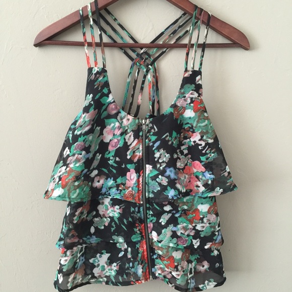 Material Girl floral summer zip ruffle tank top XS - Picture 4 of 4