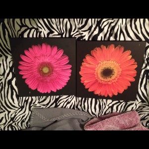 Wooden flower wall hanging. Orange and pink.