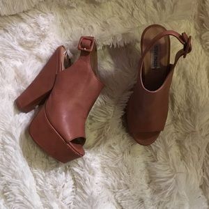 tan Steve Madden booties open toe "Gabby" wedge.
