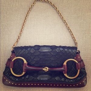 GUCCI Tom Ford Horsebit Black Crocodile Handbag