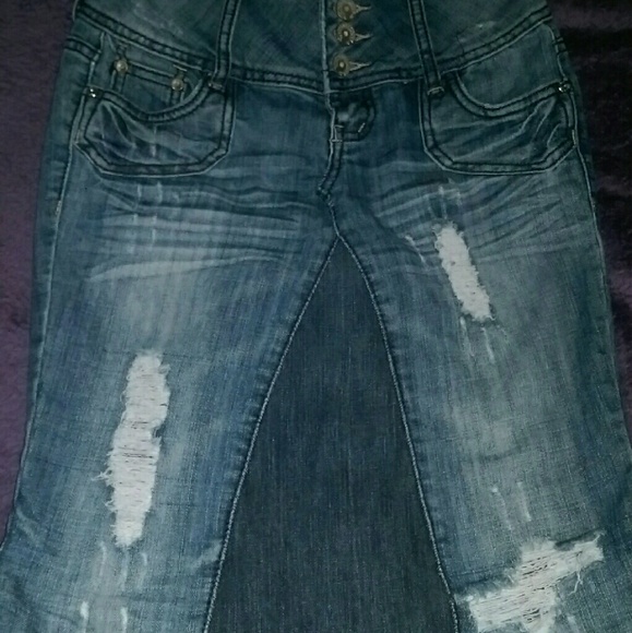 Almost Famous Brand Distressed Midi Jean Skirt