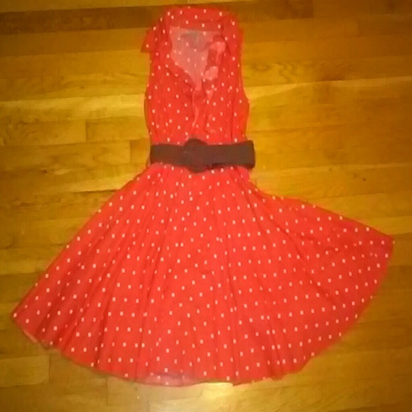 White polkadotted red dress /with brown belt/