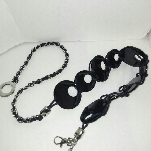 CHICOS 42" black shiney belt/silvertone accent